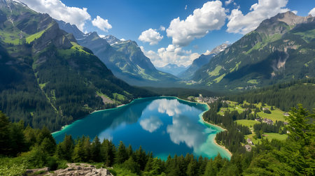 An elevated view showcases a vibrant, deep blue lake nestled within a lush green mountain valley....
