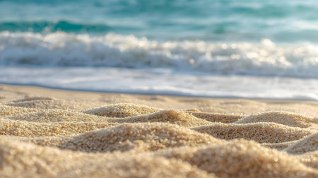 A detailed close-up shot of sand dunes on a beach. The texture of the sand is prominent, with small...
