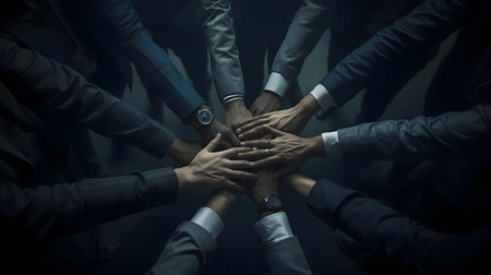 An overhead shot captures a diverse group of hands, dressed in business attire, forming a tight...