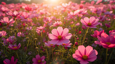 A close-up shot focusing on several vibrant pink cosmos flowers in a field, illuminated by warm...