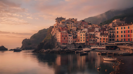 The picturesque Italian village of Manarola glows with warm colors during sunset. Colorful houses...