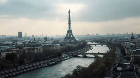 An aerial shot of Paris showcasing the Eiffel Tower and the Seine River. The scene is under a...