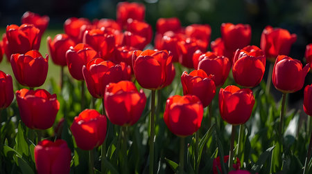 A wide view of a field filled with numerous red tulips in full bloom. The flowers stand in neat...