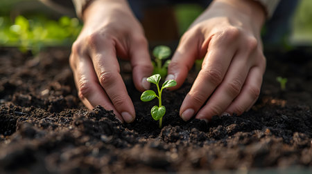 A close-up view of hands carefully placing a small, leafy green seedling into the dark, rich soil. The fingers are gently firming the earth around the plant's base, illustrating the care involved in gardening.の写真素材