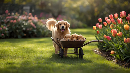 A happy Golden Retriever dog is pushing a rustic wheelbarrow filled with four adorable puppies through a sun-drenched garden. Vibrant pink and orange tulips bloom along the side of the path. The scene is filled with soft, natural light and a shallow depth of field, highlighting the playful and heartwarming interaction between the dog and her pups.の写真素材