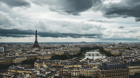 A wide-angle aerial perspective of Paris, dominated by the Eiffel Tower. The city's rooftops and buildings stretch towards the horizon under a heavy, cloudy sky. The Seine River is visible, reflecting the muted light.の写真素材