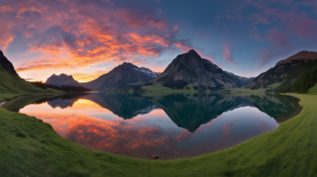 A wide-angle panoramic view captures a tranquil lake at sunset, with the sky ablaze in fiery shades...