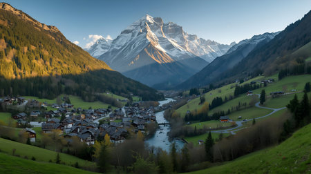 An alpine village with traditional houses is nestled in a valley alongside a flowing river. In the...