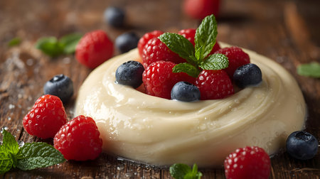 A rich, creamy panna cotta dessert is presented on a dark wooden surface. The smooth, pale yellow...