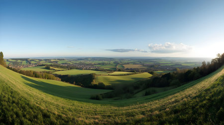 A wide panoramic view of a lush green countryside landscape under a clear blue sky with scattered...
