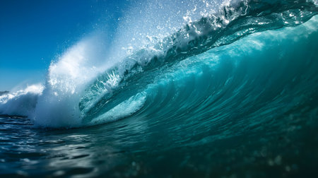 Waves. showing powerful ocean wave crashing with spray and sunlight keywords: ocean wave, crashing wave, surf, water, sea, ocean, blue, turquoise, aqua, spray, foam, splash, sunlight, light, power, nature, oceanography, seascape, marine, aquatic, breaking wave, crest, barrel, tube, water splash, dynamic, energy, motion, close-up, underwater, deep blue, clear water, ocean energy, coastal, powerful, majestic, natural phenomenon, water texture, liquid, wet, refreshing,...の写真素材