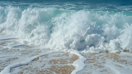 Outdoor showing powerful ocean wave crashing on a beach keywords: ocean, sea, wave, water, beach, sand, shore, coast, nature, seascape, surf, crashing wave, foam, white foam, spray, splash, powerful, dynamic, motion, incoming wave, wet sand, tropical, summer, vacation, adventure, natural, outdoor, daylight, turquoise water, blue water, coastline description: a powerful ocean wave is captured in the moment of crashing onto a sandy beach. the water is a vibrant turquoise, and the wave is a...の写真素材