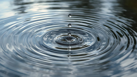 Close-up view of three water droplets falling into a calm water surface, creating concentric ripples...