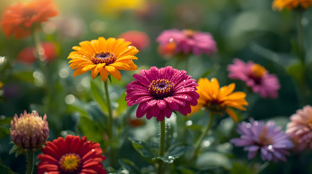 A collection of colorful daisy flowers in various shades of orange, pink, red, purple, and yellow,...