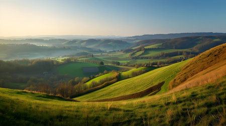 A breathtaking panoramic view of rolling green hills and valleys shrouded in a soft morning mist....