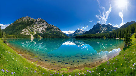 A crystal-clear turquoise lake perfectly reflects the surrounding snow-capped mountains, dense green pine forests, and a bright blue sky dotted with fluffy white clouds. The foreground is a vibrant green meadow filled with small wildflowers. The water is so still that the reflections are sharp and detailed, creating a serene and picturesque landscape.の写真素材