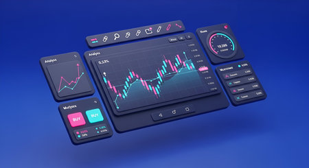 A 3D rendering of a futuristic financial trading platform interface displayed on a dark blue...