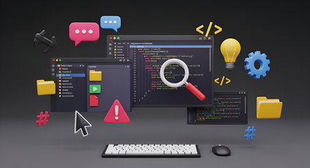 A 3D render depicts a collection of digital tools and concepts related to coding and software...