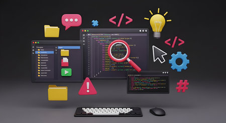 A 3D illustration depicting elements related to coding and software development. Multiple computer...