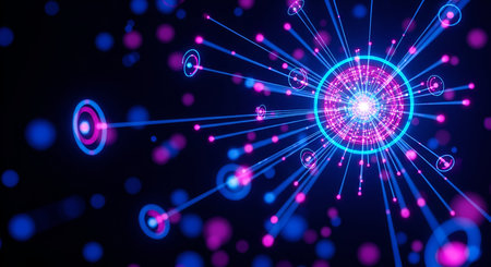 An abstract digital network with a central glowing sphere emitting blue and pink light rays. Smaller...