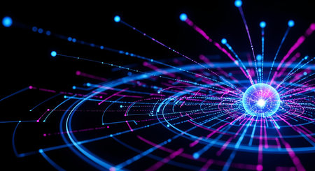 An abstract digital visualization depicts a central glowing orb radiating streams of blue and pink...