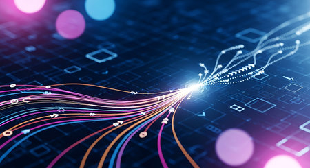 An abstract digital visualization depicting a stream of colorful lines and particles flowing and...