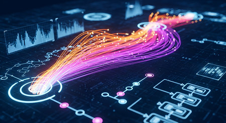 Modern showing abstract data visualization with flowing lines and graphs keywords: data, technology,...