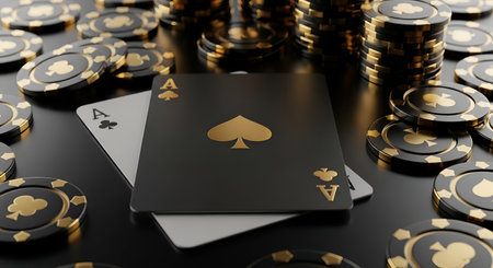A close-up shot of an Ace of Spades playing card placed on a dark reflective surface. The card is...