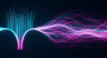 An abstract visualization of particles flowing and transforming. On the left, a dense cluster of cyan particles erupts upwards, transitioning into flowing, intertwined trails of magenta and cyan light that move to the right. The dark background emphasizes the luminous quality of the particles and trails.の写真素材