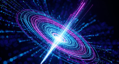 An abstract visualization of swirling light particles in shades of blue and pink, forming a dynamic...