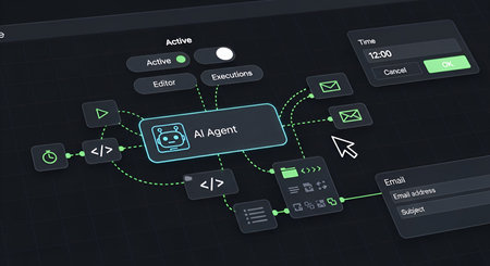 A dark, grid-patterned interface displays a digital workflow diagram centered around an AI Agent...