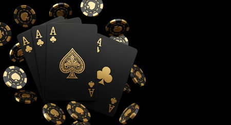 A dynamic arrangement of four black playing cards, each showing an Ace, with intricate gold...
