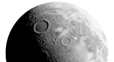 A detailed, close-up view of the Moon's surface is shown, dominated by its rugged texture and...