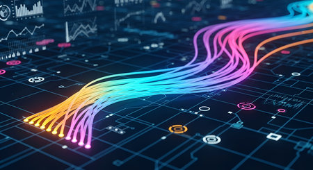 A vibrant abstract image depicting a bundle of colorful fiber optic cables, illuminated with neon hues of pink, purple, blue, and orange, flowing across a dark, futuristic digital circuit board. The cables converge from the left and spread out towards the right, with glowing points at their origin. The background features subtle grid lines and abstract data visualizations, suggesting a high-tech network and data transfer.の写真素材