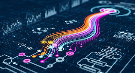 A vibrant and abstract visualization of data flow through a digital network. Multiple colorful...