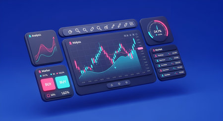 A 3D rendering of a digital trading dashboard displaying various financial data visualizations...