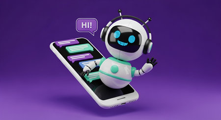A charming 3D robot with a round body, blue glowing eyes, and headphones is emerging from a white...