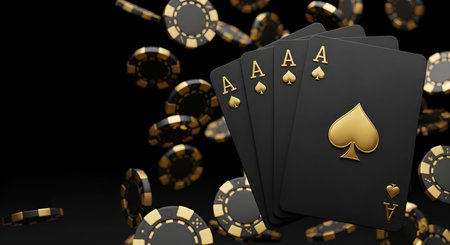 Four black playing cards, all Aces of Spades, are fanned out in the foreground, featuring golden...