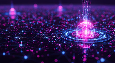 A glowing sphere of pink and blue light pulsates at the center of a complex digital network. Lines...