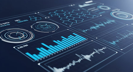 A close-up, angled view of a futuristic digital interface displaying complex data visualizations....