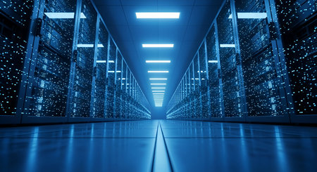 A long, narrow corridor within a futuristic server room. Rows of illuminated server racks line both...