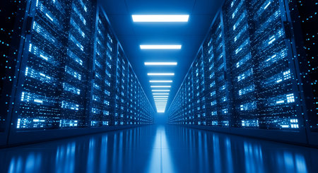 A long, illuminated corridor of a futuristic server room. Rows of tall server racks line both sides,...