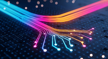A close-up view of a dark circuit board illuminated by vibrant, glowing neon lines representing data...