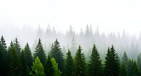 Atmospheric showing misty forest landscape with evergreen trees keywords: forest, trees, evergreen,...