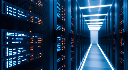 A dimly lit corridor within a server room. Tall racks filled with computer servers line both sides of the aisle. The servers display numerous small, glowing blue and orange lights, indicating activity. The corridor recedes into the distance, illuminated by bright white linear lights along the ceiling.の写真素材