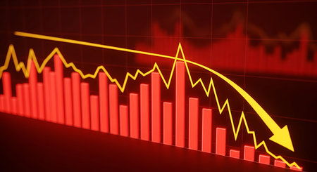 A close-up view of a red bar graph illustrating a significant downward trend. A thick yellow line...