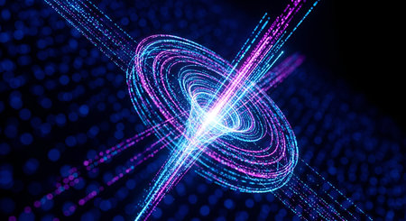 A vibrant abstract image depicting swirling trails of neon blue and pink light forming a vortex-like...