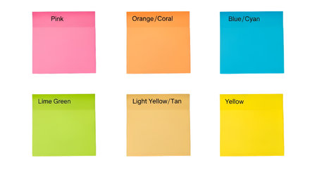 A collection of six brightly colored sticky notes arranged in two rows of three. Each note is a...