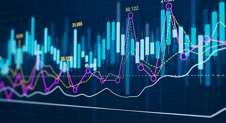 A close-up view of a digital stock market candlestick chart with multiple data lines in pink and...