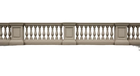 A section of an ornate stone balustrade is presented against a black background. The balustrade...
